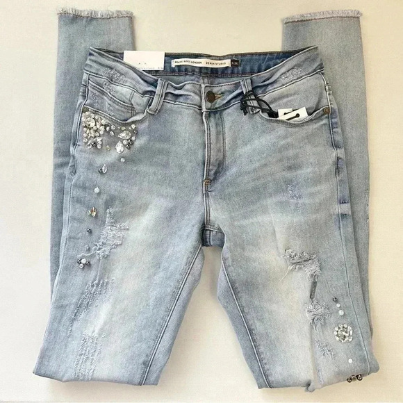 Brave Soul Skinny Jeans Beaded Distressed Denim Stretch Light Blue Size 27 4 NWT - Picture 16 of 16